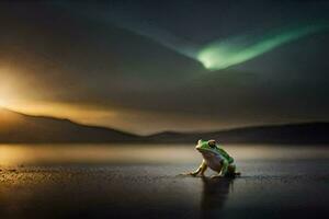une grenouille est assis sur le rive de une Lac avec une vert lumière dans le Contexte. généré par ai photo