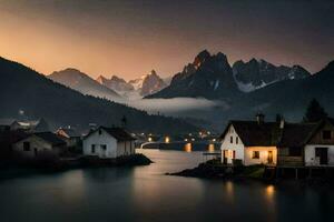 photo fond d'écran le ciel, montagnes, brouillard, le lac, Maisons, le montagnes, le lac. généré par ai