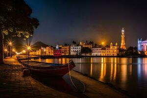une bateau est assis sur le l'eau suivant à une ville à nuit. généré par ai photo