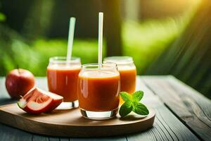 deux des lunettes de Orange jus avec pailles sur une en bois tableau. généré par ai photo