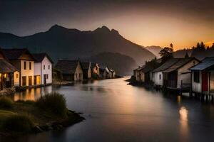 photo fond d'écran le ciel, eau, montagnes, Maisons, le village, le rivière, le le coucher du soleil. généré par ai