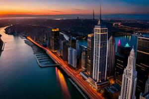 le Chicago horizon à le coucher du soleil. généré par ai photo