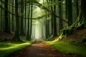 une chemin par une forêt avec des arbres et herbe. généré par ai photo