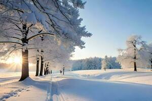 une neigeux paysage avec des arbres et Soleil. généré par ai photo