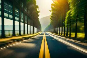 une floue image de une route avec des arbres et une Jaune doubler. généré par ai photo