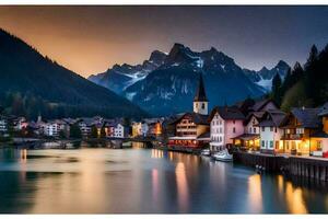 une magnifique vue de une ville et montagnes à crépuscule. généré par ai photo