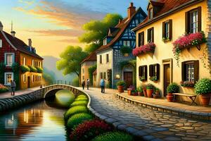une La peinture de une petit ville avec une pont et Maisons. généré par ai photo