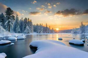 une neigeux rivière avec rochers et des arbres. généré par ai photo