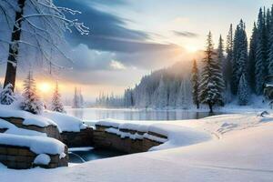 une neigeux paysage avec une étang et des arbres. généré par ai photo