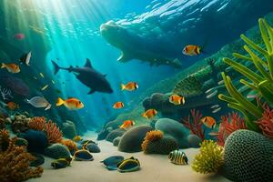 sous-marin scène avec poisson et corail récifs. généré par ai photo