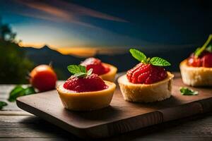 petit desserts sur une en bois planche avec une le coucher du soleil dans le Contexte. généré par ai photo