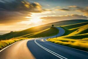 le Soleil ensembles plus de une enroulement route dans le campagne. généré par ai photo