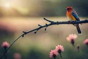 une coloré oiseau est assis sur une branche dans de face de rose fleurs. généré par ai photo