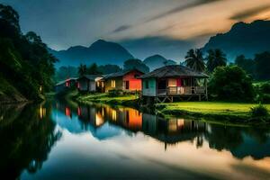 le village à le coucher du soleil dans Laos. généré par ai photo