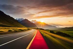 une route avec une rouge ligne dans le milieu de le route. généré par ai photo