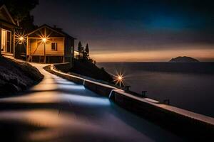 une longue exposition photo de une maison sur le côte à nuit. généré par ai