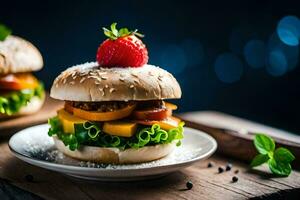 deux hamburgers avec tomates et salade sur une plaque. généré par ai photo