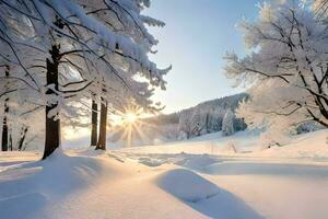 neige couvert des arbres dans le Soleil. généré par ai photo