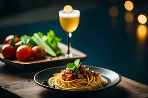 une assiette de spaghetti avec Viande et des légumes sur une tableau. généré par ai photo