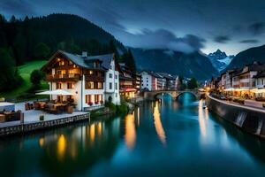 une rivière court par une ville à nuit. généré par ai photo