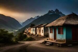 une village dans le montagnes à le coucher du soleil. généré par ai photo