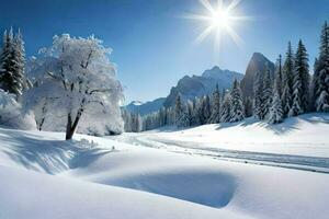 neige couvert des arbres et une ensoleillé journée. généré par ai photo