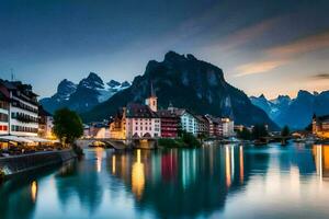 photo fond d'écran le ciel, montagnes, rivière, Suisse, L'Europe , le ville, euro. généré par ai