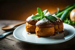 Trois petit Gâteaux avec crème et menthe sur une plaque. généré par ai photo