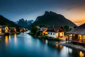 photo fond d'écran le ciel, montagnes, rivière, Maisons, coucher de soleil, le village, le rivière,. généré par ai