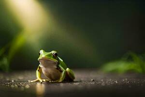 une grenouille séance sur le sol dans de face de une vert Contexte. généré par ai photo