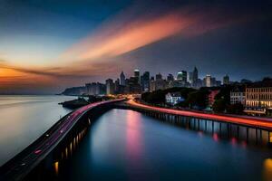 le ville horizon à le coucher du soleil avec une pont plus de l'eau. généré par ai photo