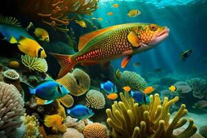 une coloré poisson nage plus de une corail récif avec autre poisson. généré par ai photo