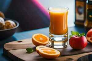 un Orange jus et un Pomme sur une Coupe planche. généré par ai photo