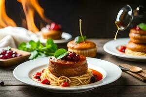 spaghetti avec canneberges et sauce sur une plaque. généré par ai photo