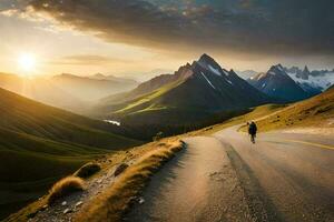 une homme est en marchant vers le bas le route dans le montagnes. généré par ai photo