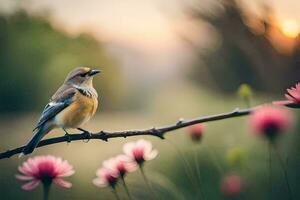 une oiseau est assis sur une branche dans de face de rose fleurs. généré par ai photo