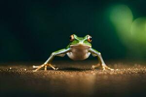 une grenouille est permanent sur le sol avec ses jambes diffuser. généré par ai photo