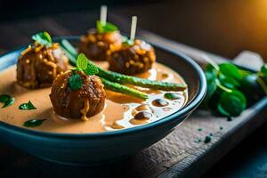 une bol de Boulettes de viande avec sauce et garnir. généré par ai photo