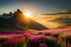 le Soleil monte plus de le montagnes dans le Contexte. généré par ai photo