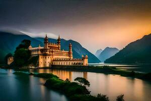 une magnifique Château est assis sur le bord de une lac. généré par ai photo