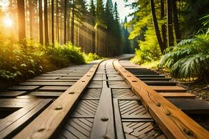 une chemin de fer Piste dans le les bois avec le Soleil brillant. généré par ai photo