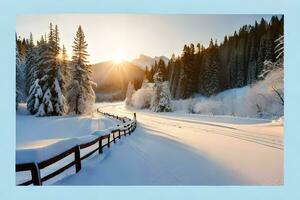 une neigeux route dans le montagnes avec des arbres. généré par ai photo