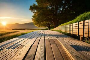 une en bois passerelle pistes à le le coucher du soleil. généré par ai photo