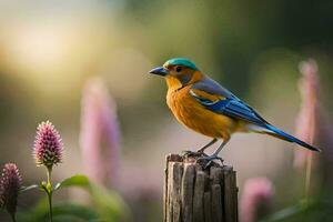 une coloré oiseau est assis sur une en bois Publier dans de face de fleurs. généré par ai photo