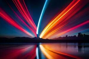 coloré lumière stries dans le ciel plus de une lac. généré par ai photo