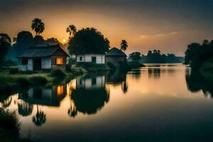 une maison sur le rivière à le coucher du soleil. généré par ai photo