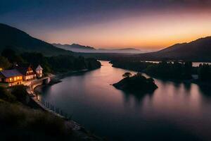 une maison est assis sur le bord de une Lac à le coucher du soleil. généré par ai photo