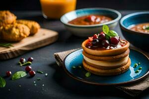 une empiler de Crêpes avec canneberge sauce et baies. généré par ai photo