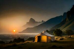 le lever du soleil plus de le montagnes. généré par ai photo