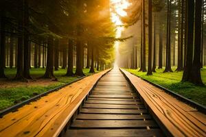 une en bois chemin pistes à le Soleil dans le forêt. généré par ai photo